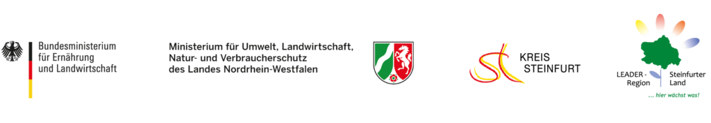 Logos der Unterstützer von links nach rechts: Bundesministerium für Ernährung und Landwirtschaft, Ministerium für Umwelt, Landwirtschaft, Natur und Verbraucherschutz des Landes NRW, Kreis Steinfurt, LEADER Region Steinfurter Land